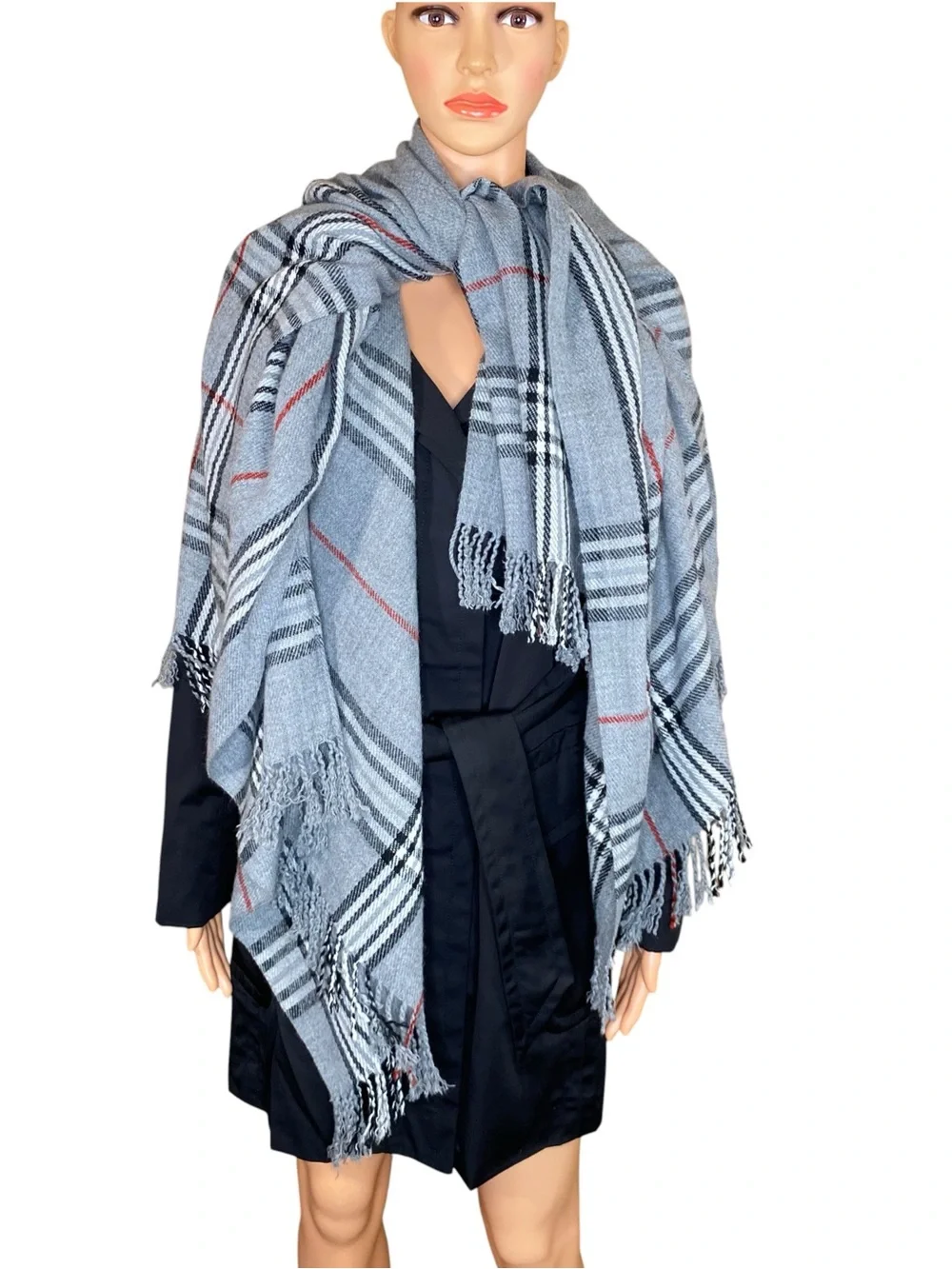 V. FRAAS Dark Academia Plaid Scarf Gray Black Burgundy Long Elegant Fringed